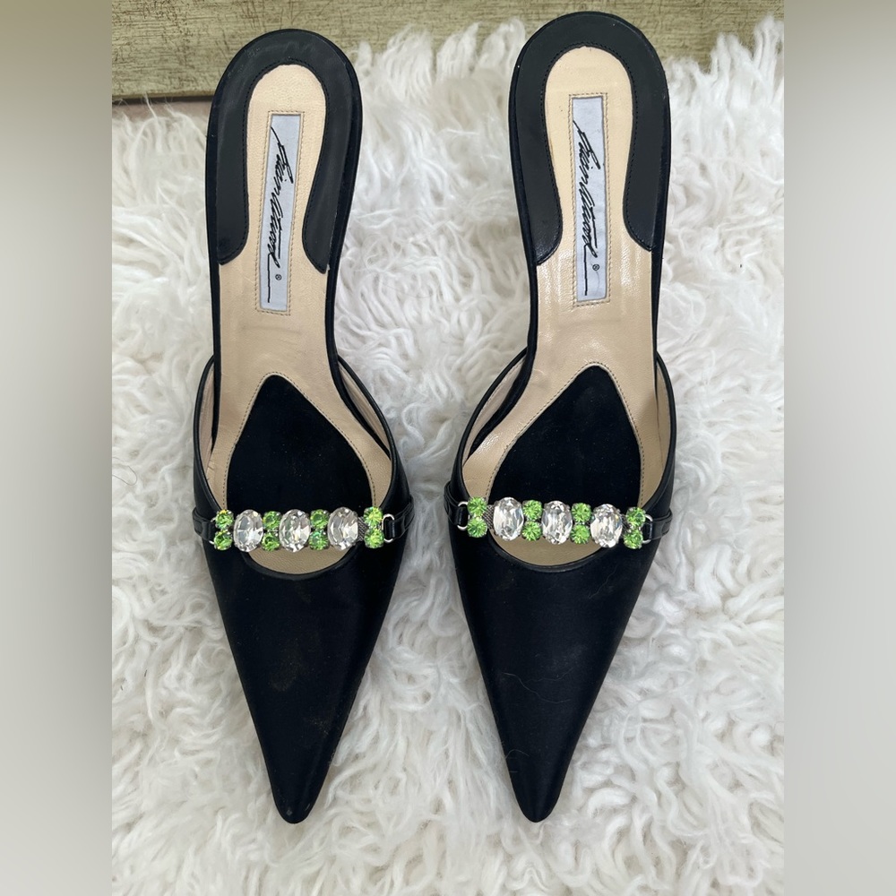 Brian Atwood satin heels with encrusted jewels.
